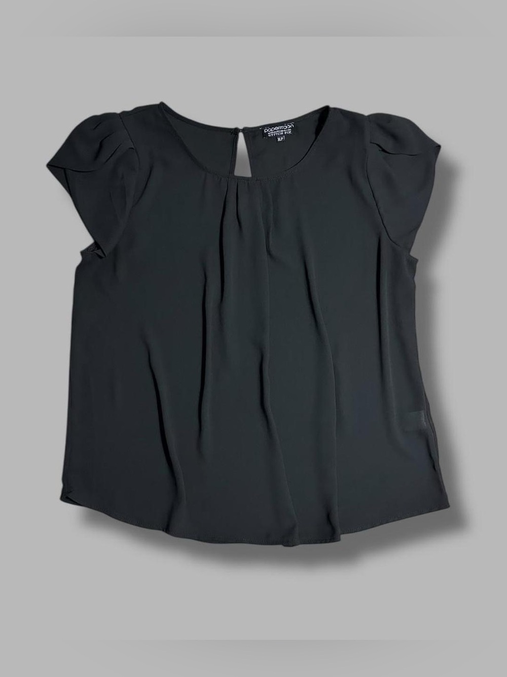 Papermoon Black Pleated Draped Tulip Cap Sleeve Semi Sheer Top XLP Stitch Fix Ex